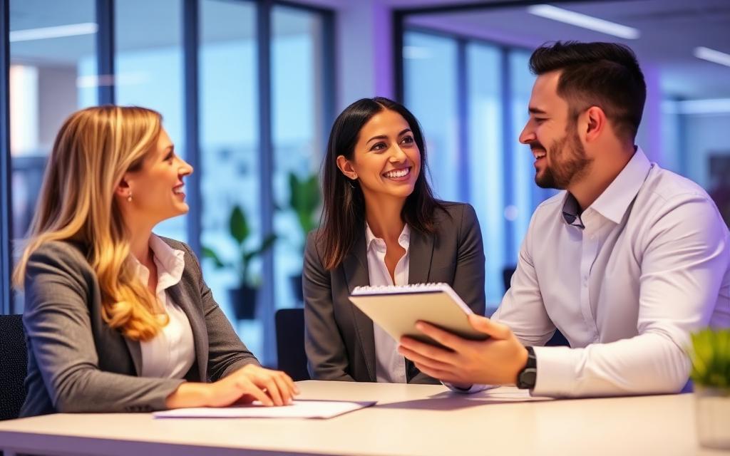 Two professionals in a friendly assessor-style discussion